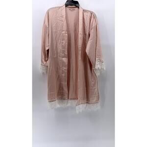 SAIRA Women's Dusty Rose Satin Embroidered Lace-Trim Belted Sleepwear Robe SZ OS